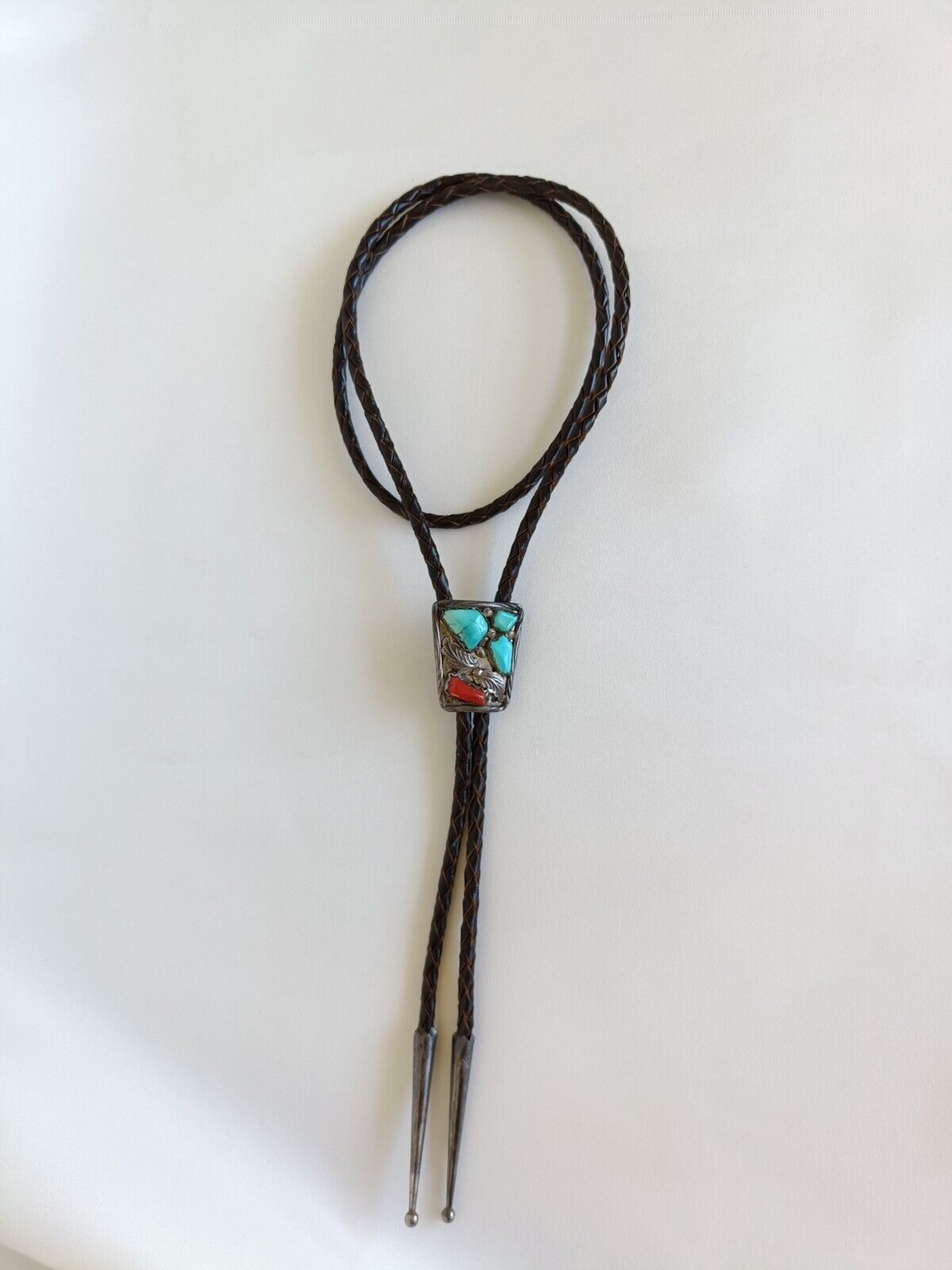 Vintage Navajo Sterling Silver Turquoise & Coral Bolo Tie B&N& NASTACI ...