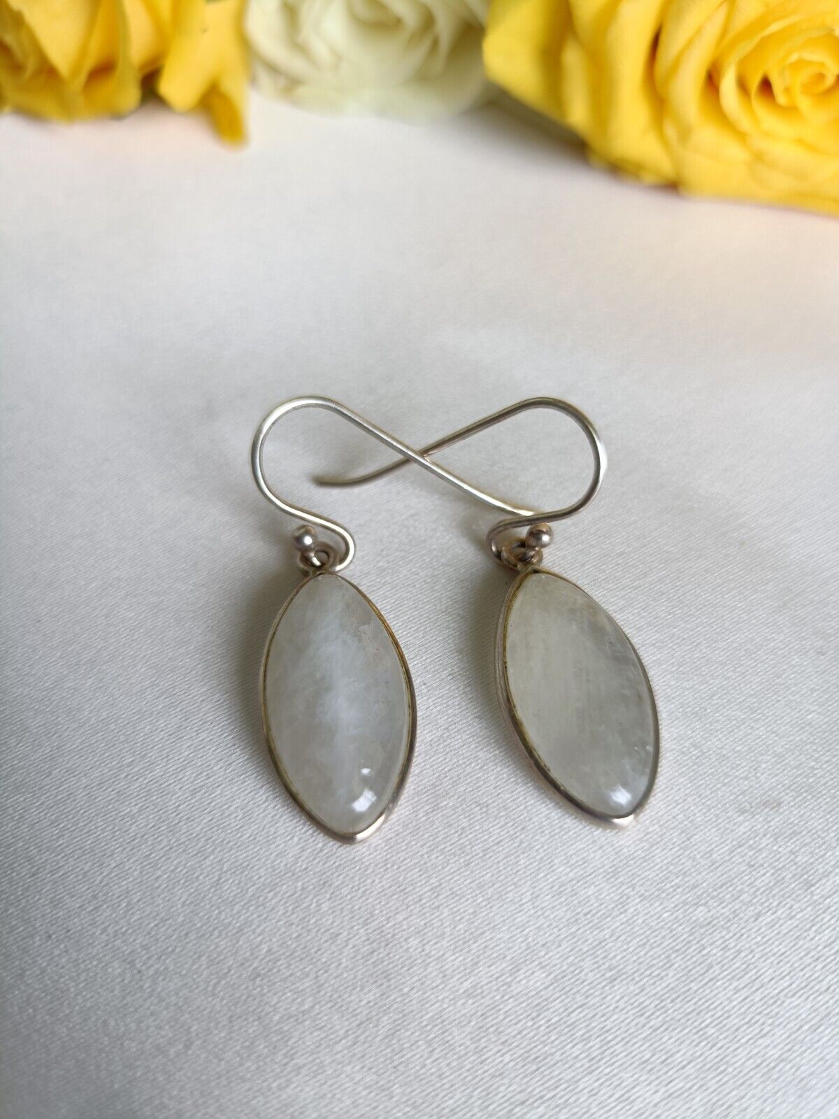 Vintage 925 Sterling Silver Moonstone Dangle Drop Hook Earrings