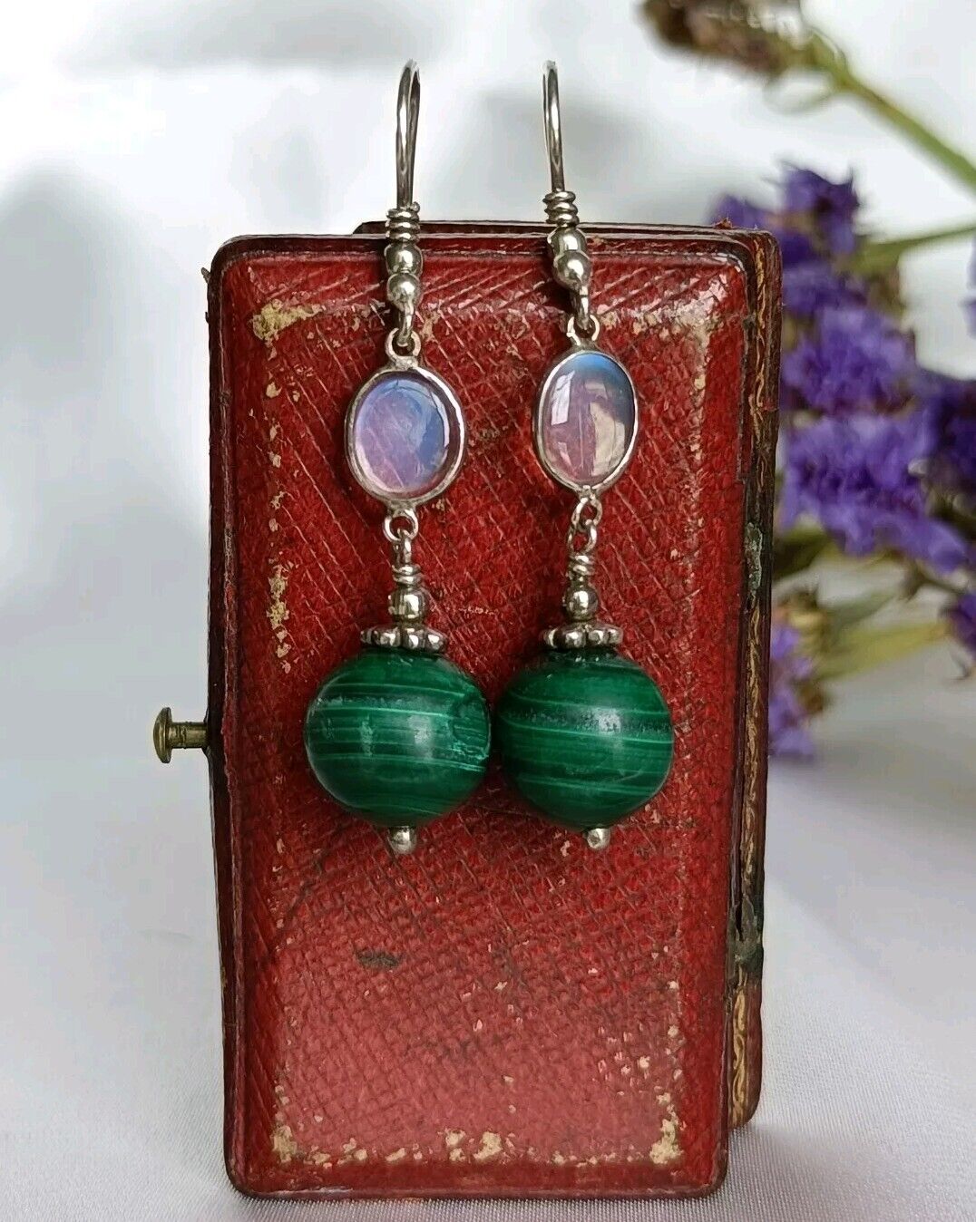 Vintage Sterling Silver Moonstone & Malachite Hook Drop Earrings