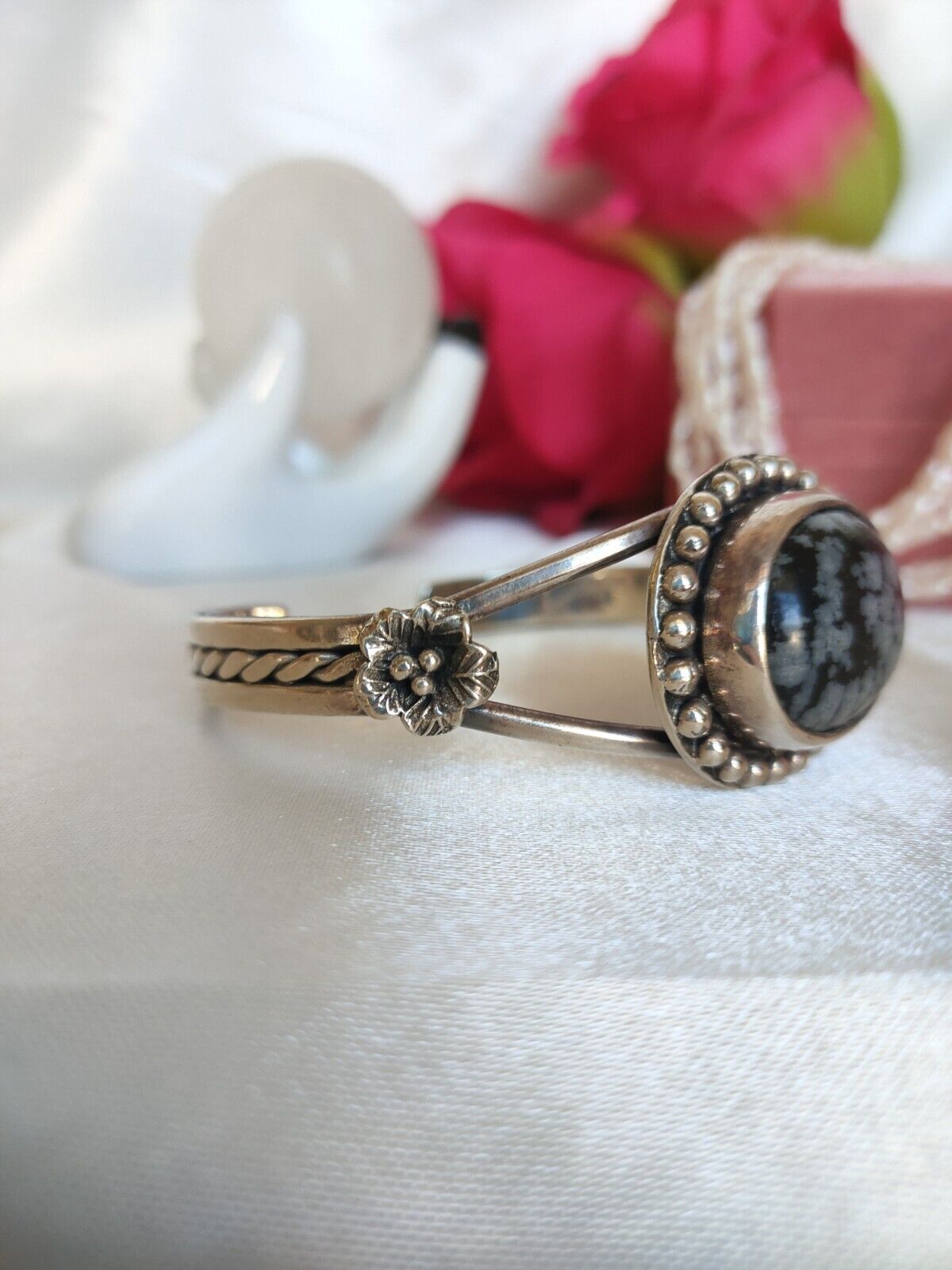 Beautiful Heavy Sterling Silver & Snowflake Obsidian Cuff Bangle Bracelet