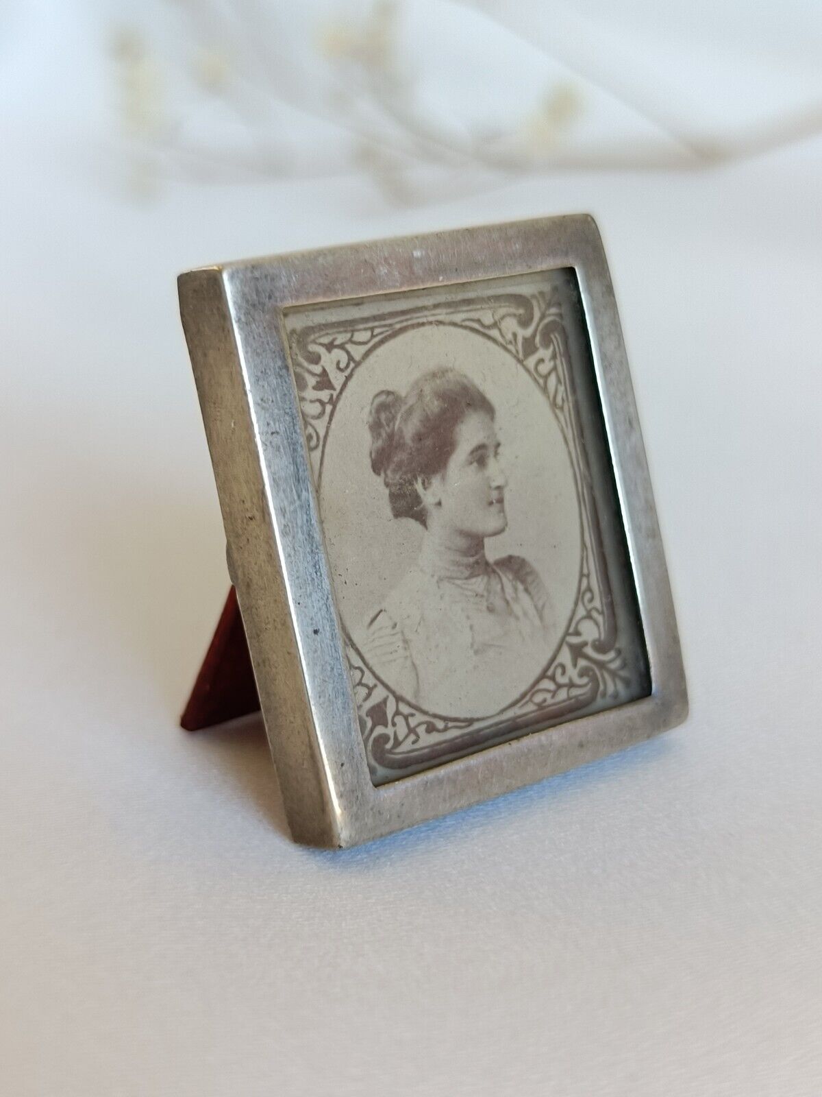 Antique 1899 Miniature Sterling Silver Photo Frame & Sticky Back Portrait Stamp