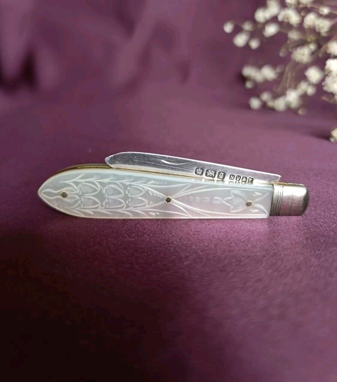 Antique 1899 Sterling Silver & Mother Of Pearl Folding Fruit Knife