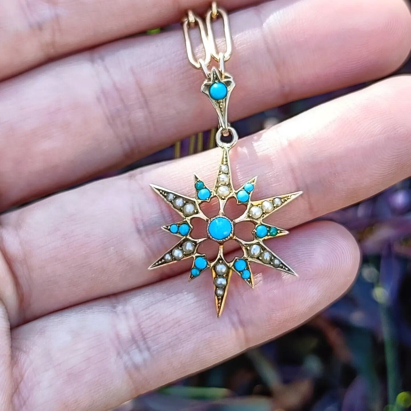 Antique Victorian 9ct Gold Turquoise & Seed Pearl Starburst Pendant