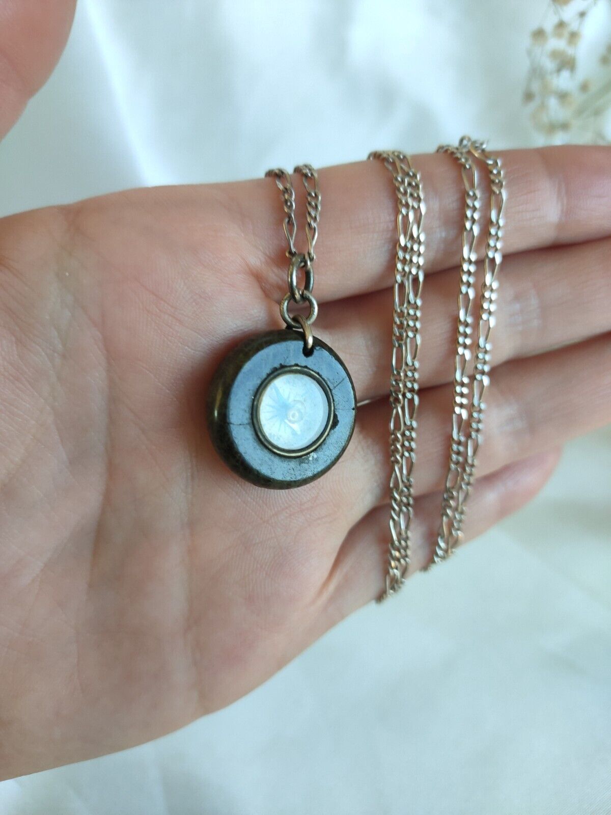 Antique Victorian Marble Compass Fob Pendant & 70cm Vintage Figaro Chain