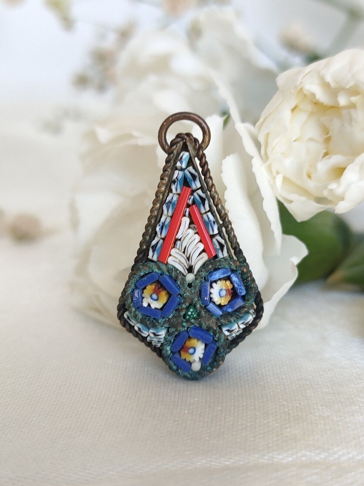 Antique Vintage Millefiori Micro Mosaic Brass Pendant