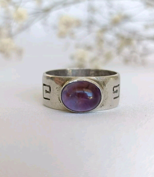 Vintage 925 Sterling Silver & Amethyst Greek Key Band Ring Size 7 US Or N UK