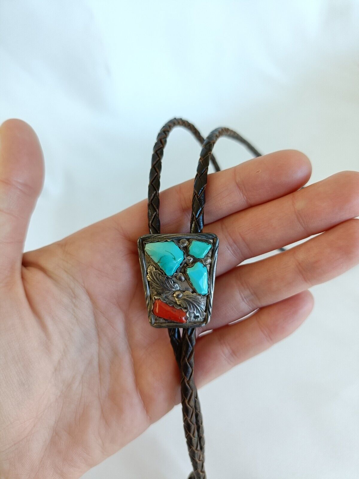 Vintage Navajo Sterling Silver Turquoise & Coral Bolo Tie B&N& NASTACI ...