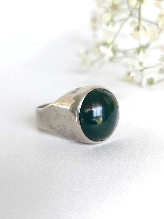 Vintage Sterling Silver & Domed Bloodstone Statement Ring Size 7.5 US Or O UK