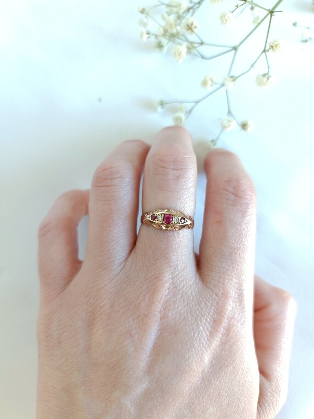 Antique Edwardian Chester 1910c Ruby & Diamond Gypsy Boat Ring Size 8 US Or P UK