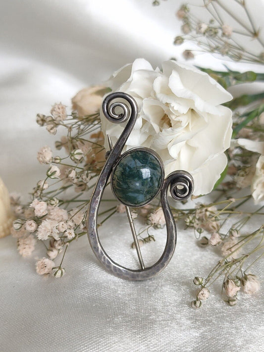 Antique Handcrafted Sterling Silver & Moss Agate Brooch Or Pin