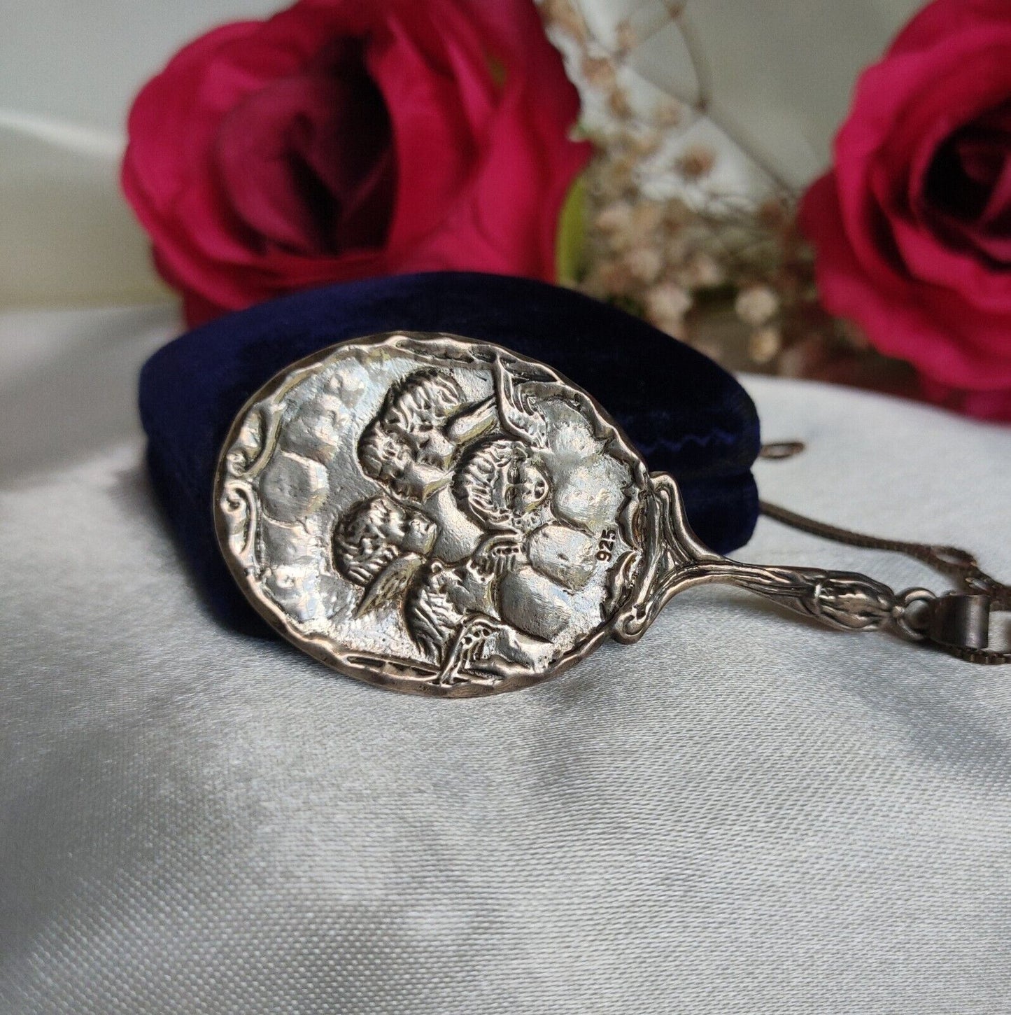 Antique Sterling Silver Chatelaine Hand mirror Pendant & Chain