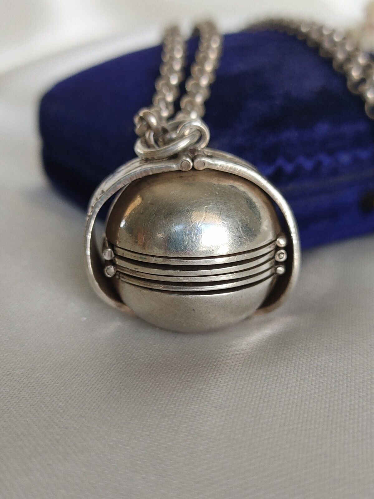 Vintage 925 Sterling Silver Masonic Orb Locket Fob Pendant & Belcher Chain