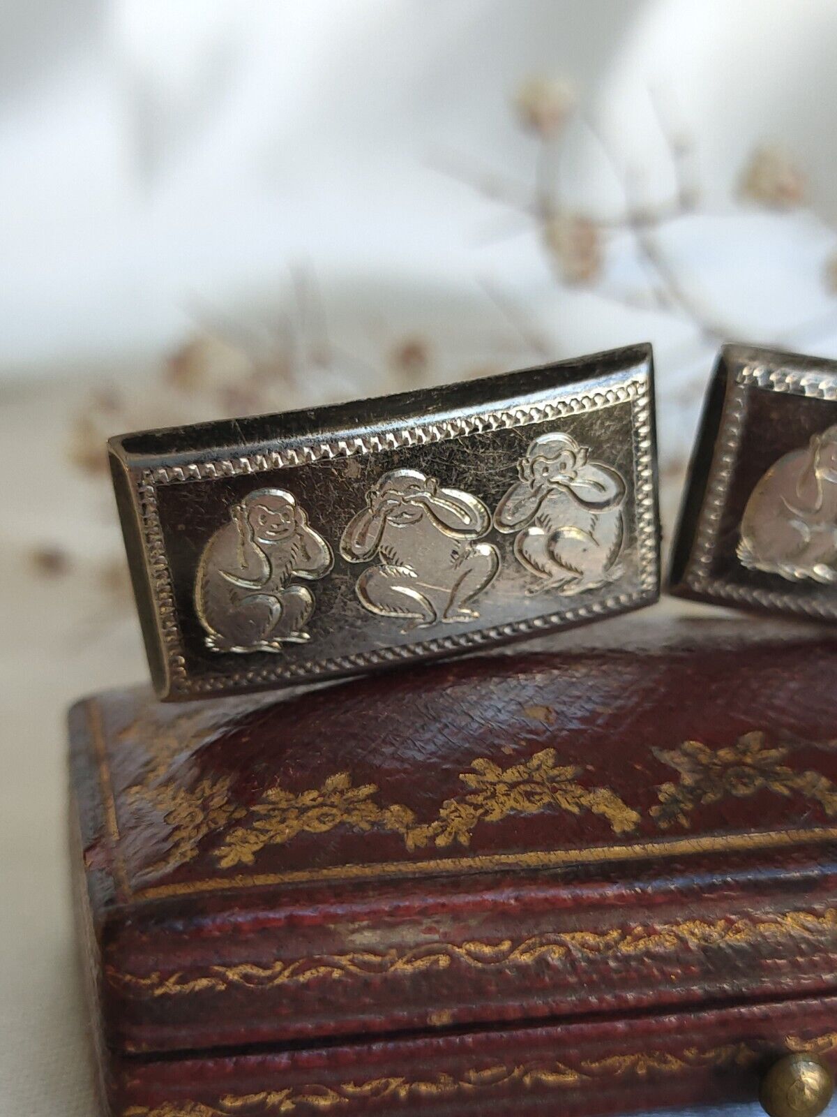 Vintage Oriental 950 sterling silver three wise monkeys Toggle cufflinks