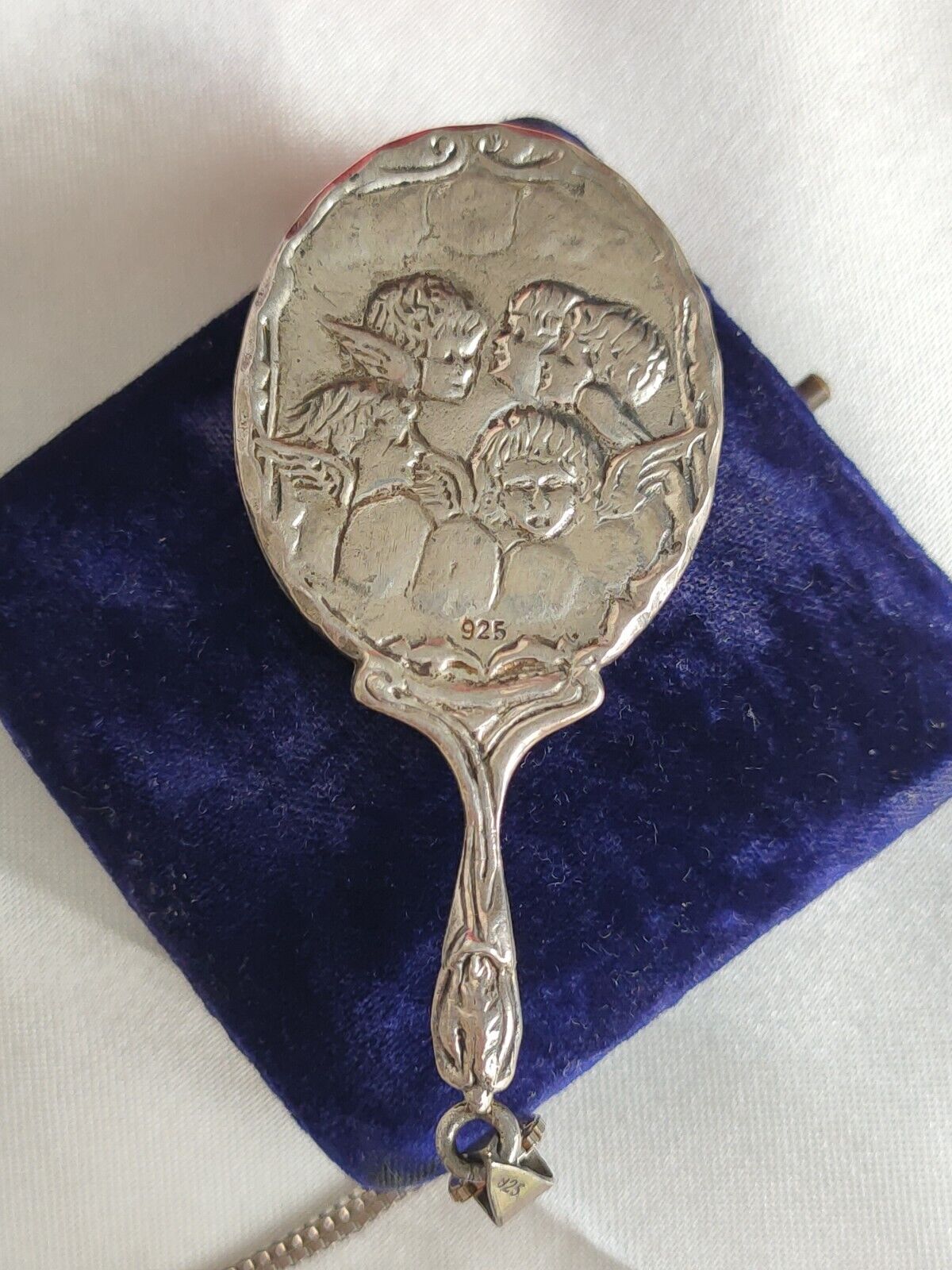 Antique Sterling Silver Chatelaine Hand mirror Pendant & Chain