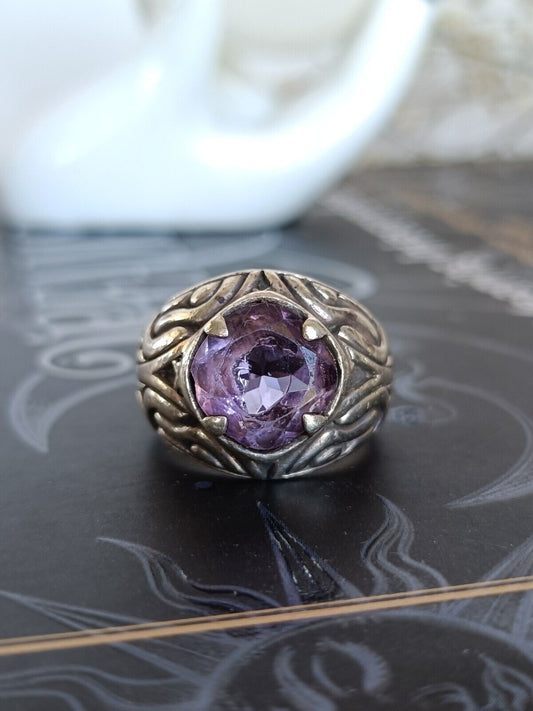 Vintage 925 Sterling Silver And Amethyst Statement Ring Size 6.5 US Or M Uk