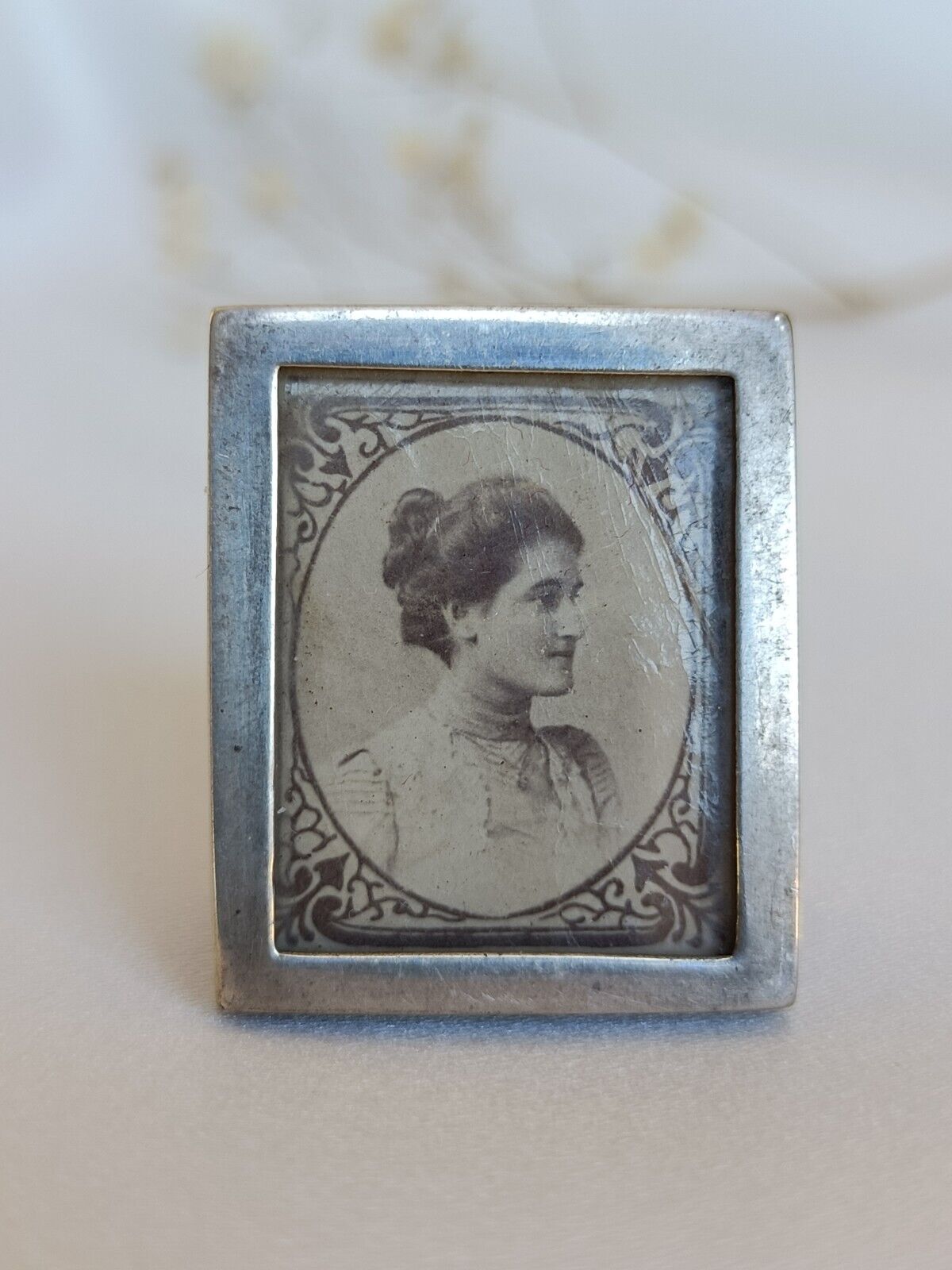 Antique 1899 Miniature Sterling Silver Photo Frame & Sticky Back Portrait Stamp