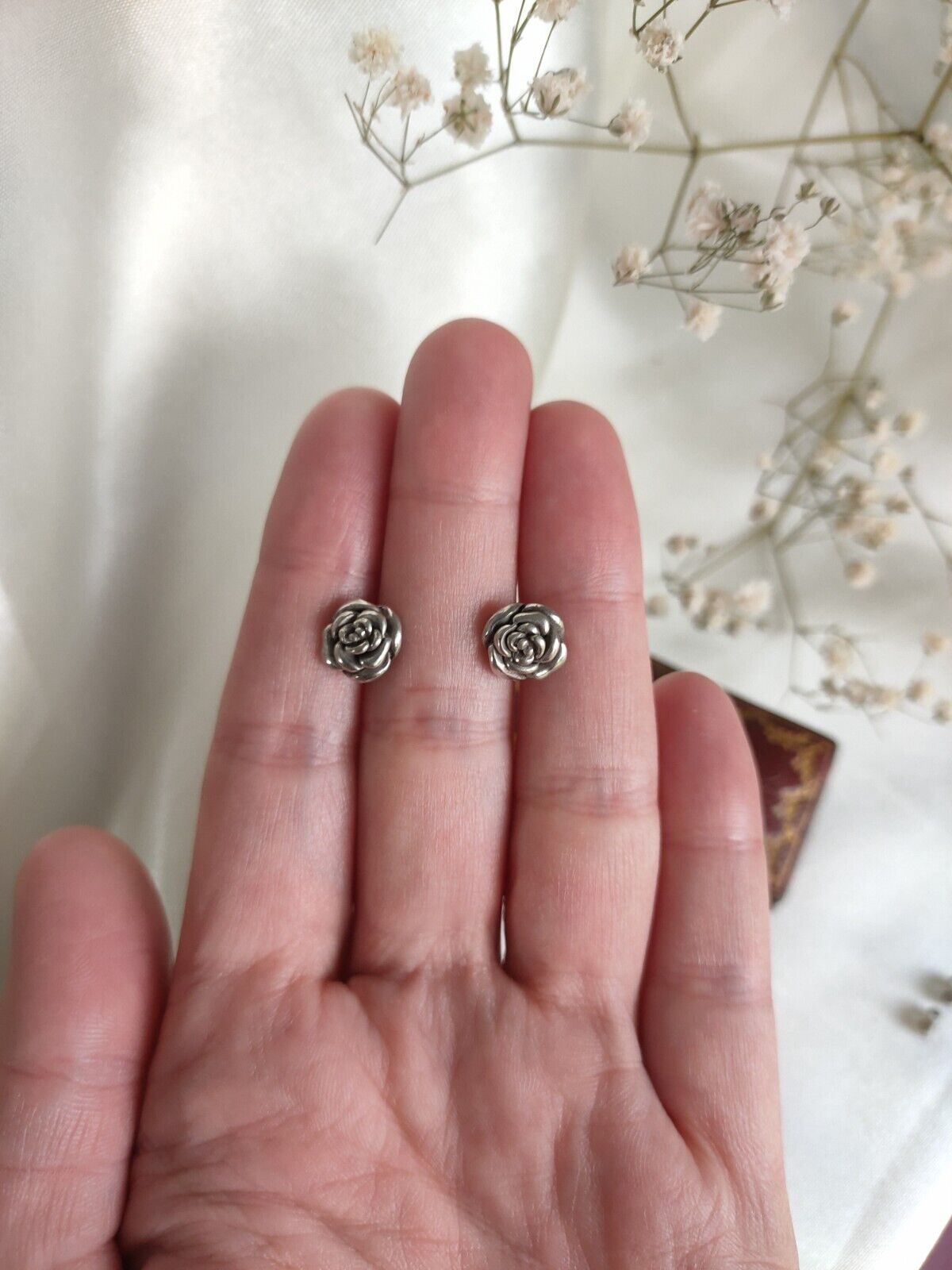 Vintage 925 Sterling Silver Rose Flower Stud Earrings