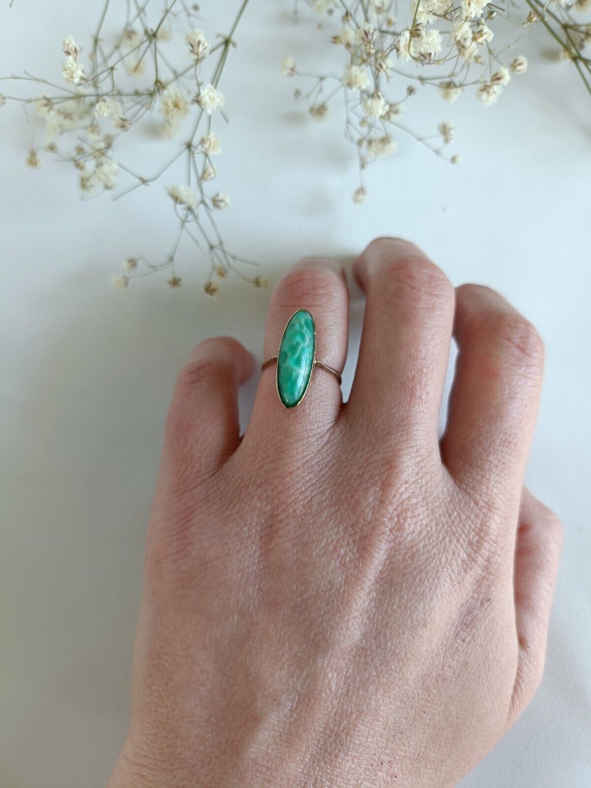 Antique Australian 9ct Gold & Amazonite Navette Ring By William Drummond & Co