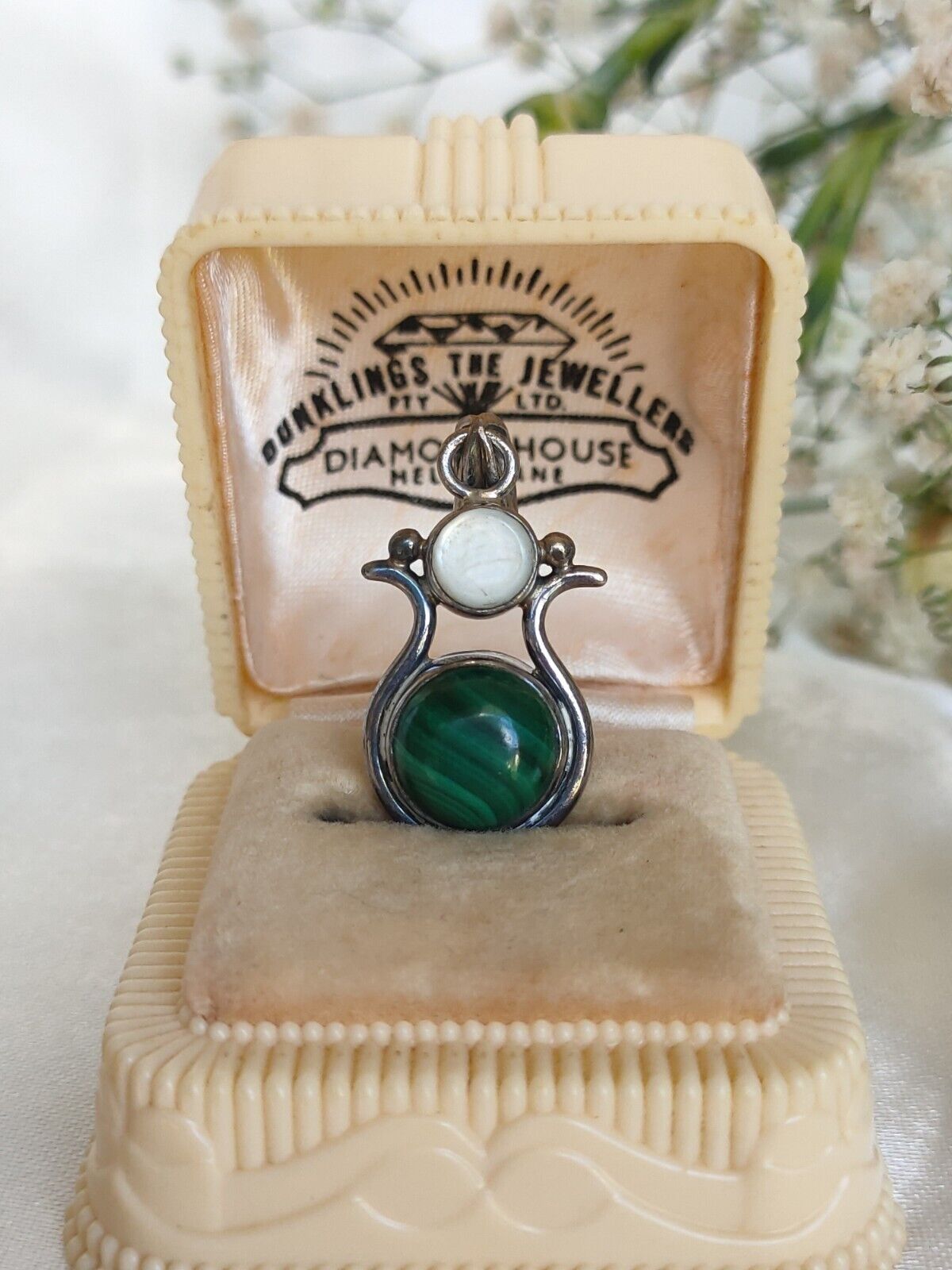 Vintage 925 Sterling Silver Malachite & Selenite Pendant