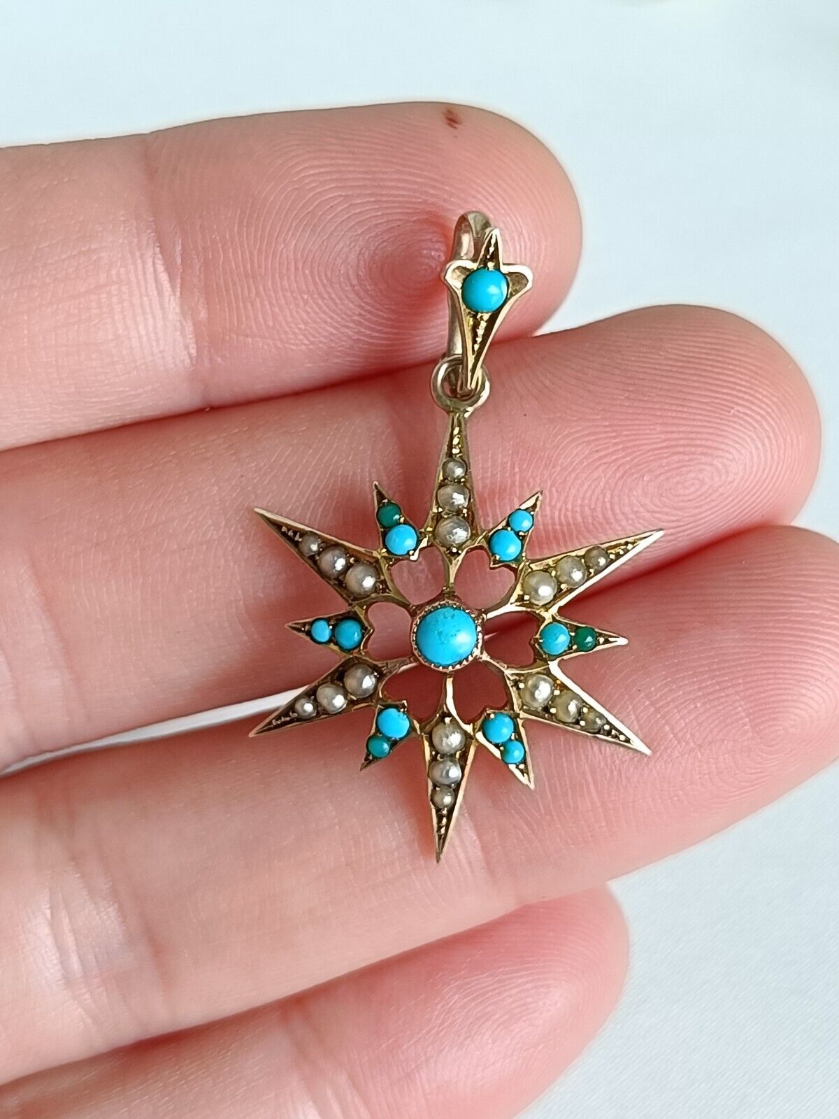 Antique Victorian 9ct Gold Turquoise & Seed Pearl Starburst Pendant