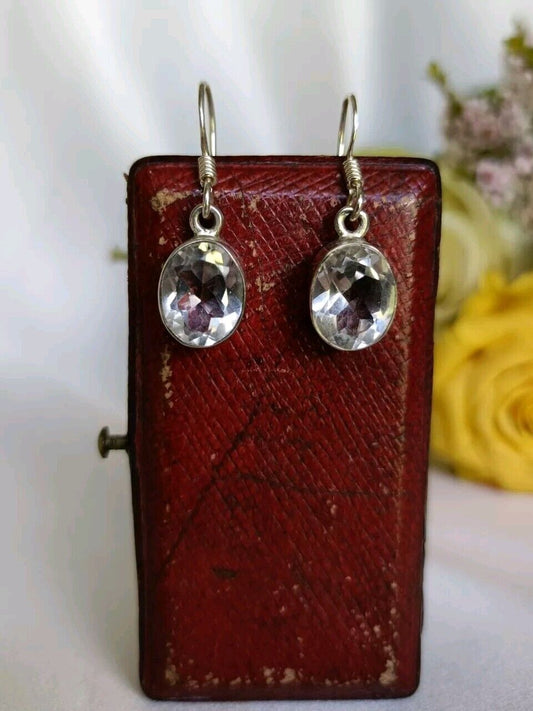 925 Sterling Silver Rock Crystal Clear Quartz Hook Drop Earrings