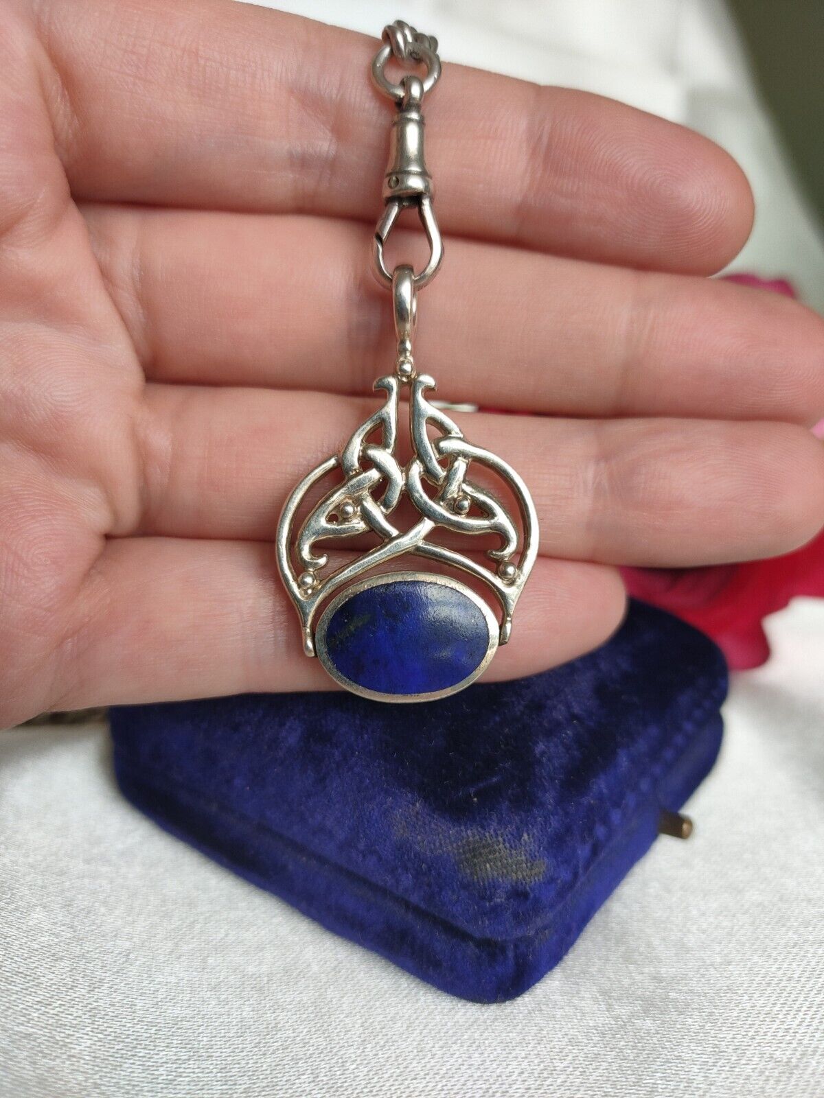 Vintage Irish Made Celtic Knot Design Lapis  Shell Swivel Spinner Fob Pendant