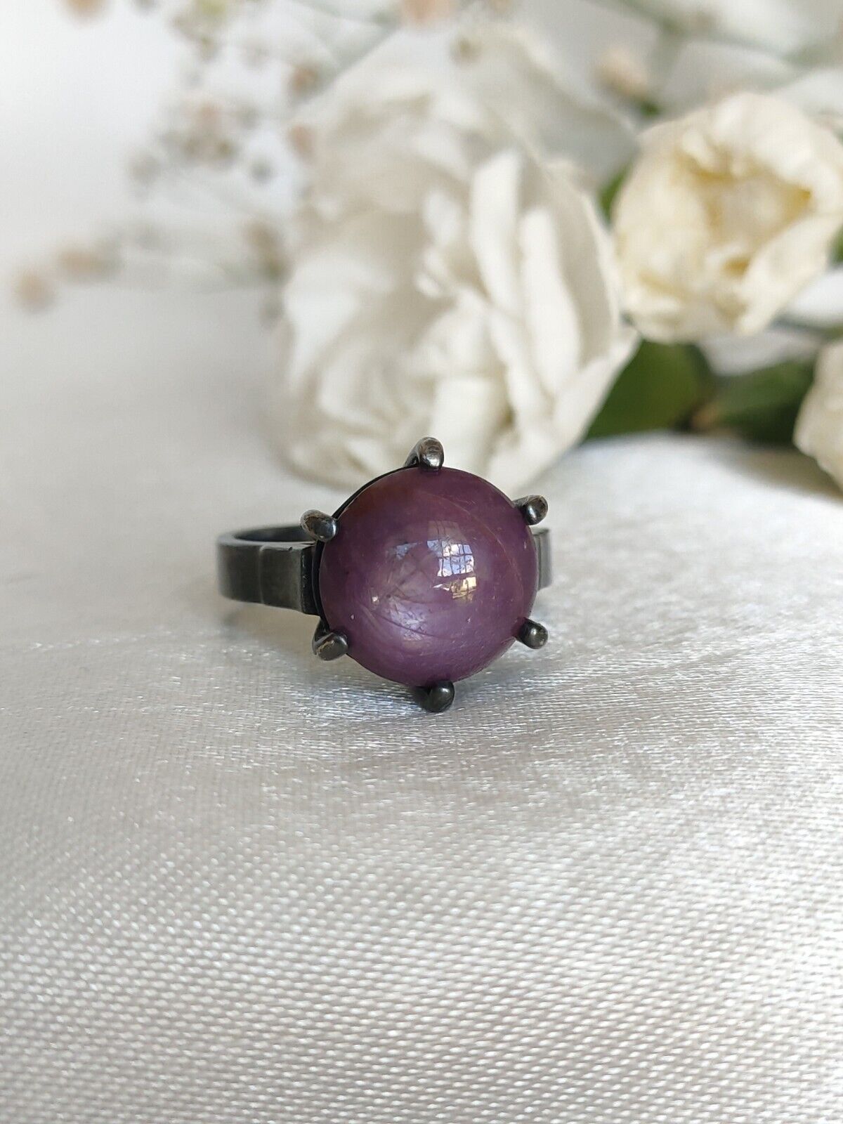 Antique Australian Sterling Silver & Natural Star Ruby Cocktail Ring Size 8 or P