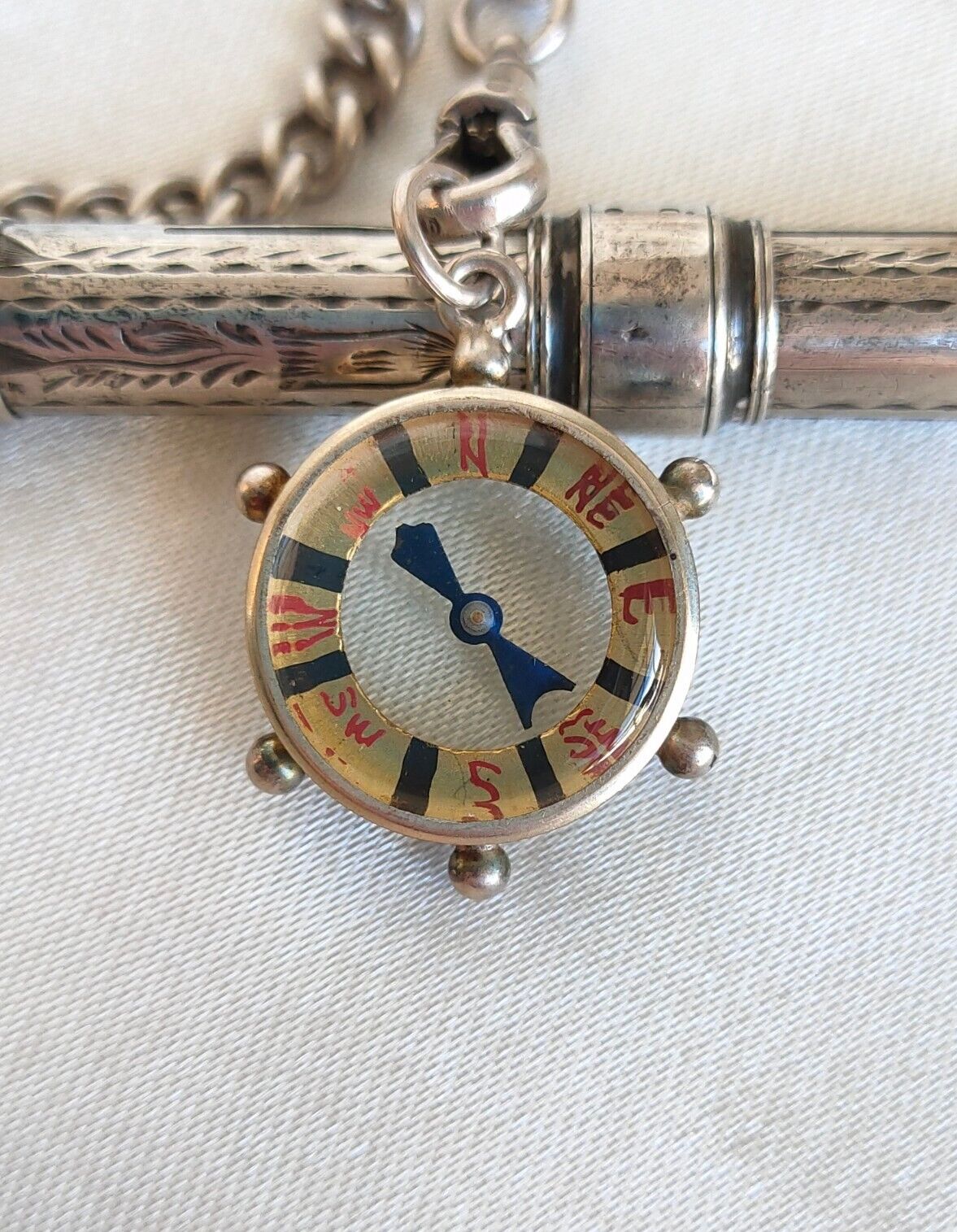 Antique 1908 Pearce & Thompson Nautical Compass Fob Pendant & Chain