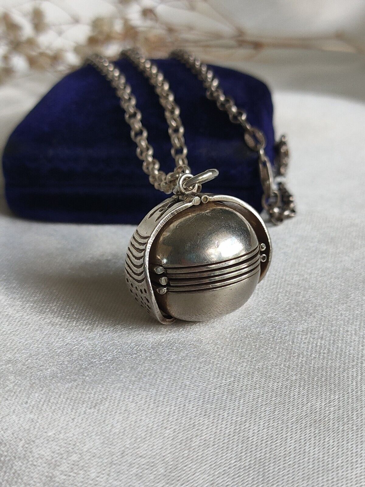 Vintage 925 Sterling Silver Masonic Orb Locket Fob Pendant & Belcher Chain