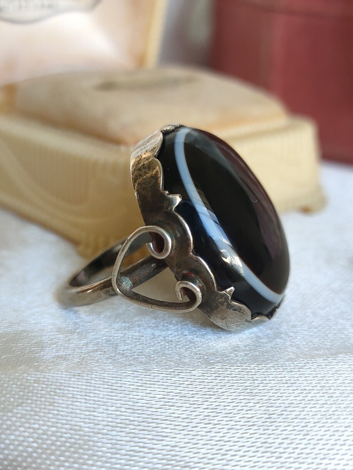 Antique Victorian Sterling Silver Bullseye Agate Statement Ring Size 6 1/2 Or M