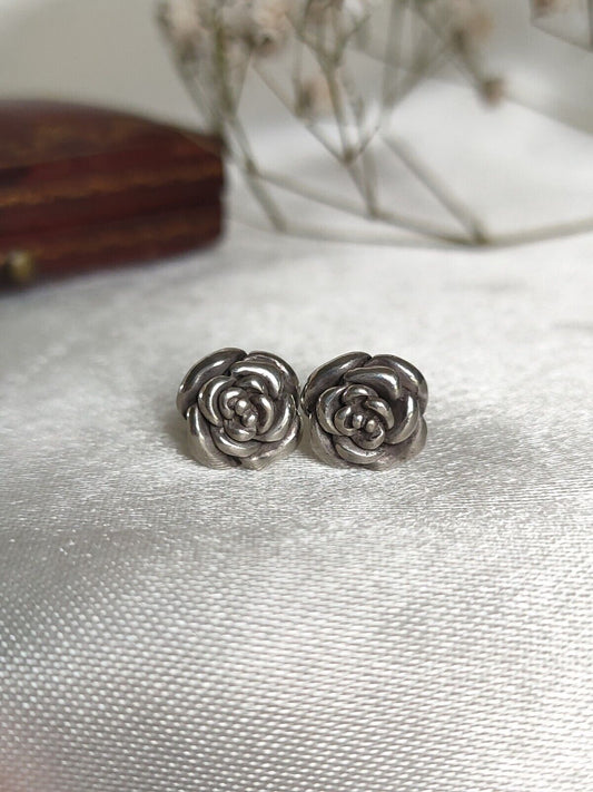 Vintage 925 Sterling Silver Rose Flower Stud Earrings