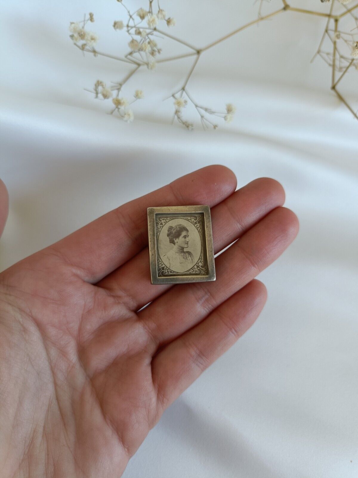 Antique 1899 Miniature Sterling Silver Photo Frame & Sticky Back Portrait Stamp