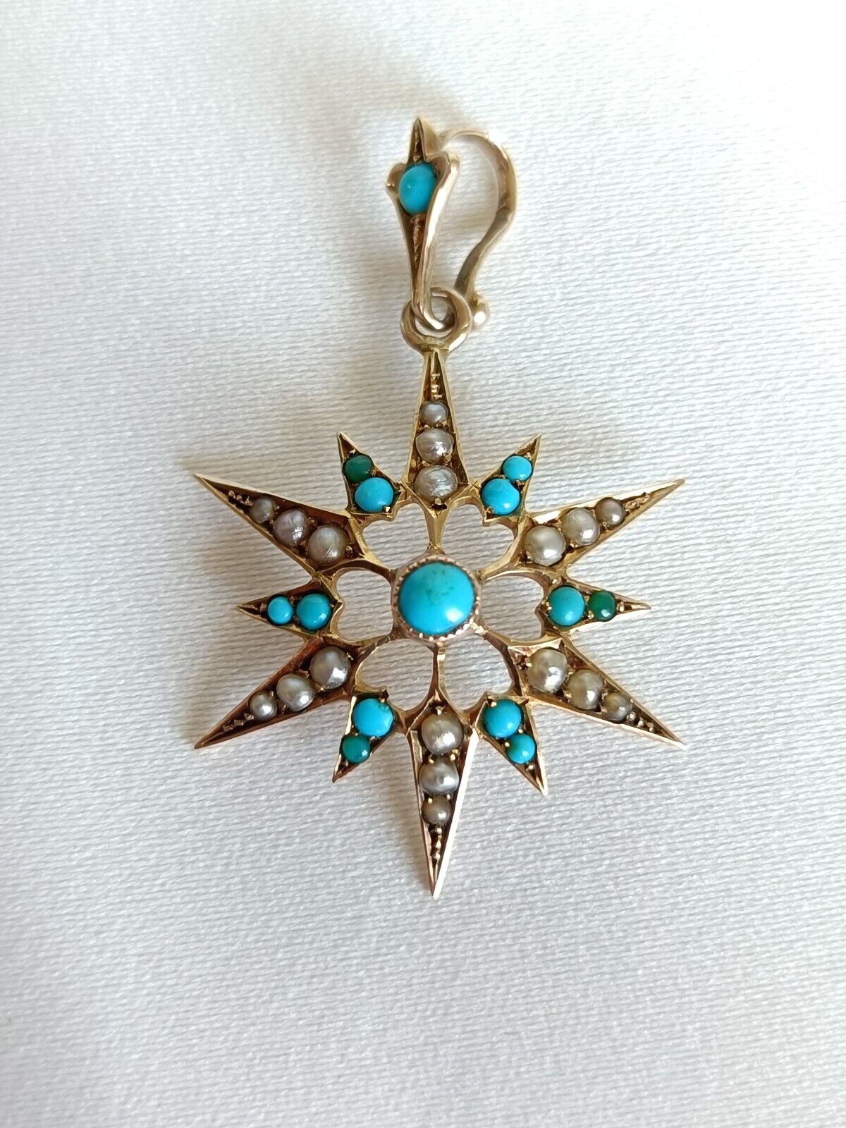 Antique Victorian 9ct Gold Turquoise & Seed Pearl Starburst Pendant