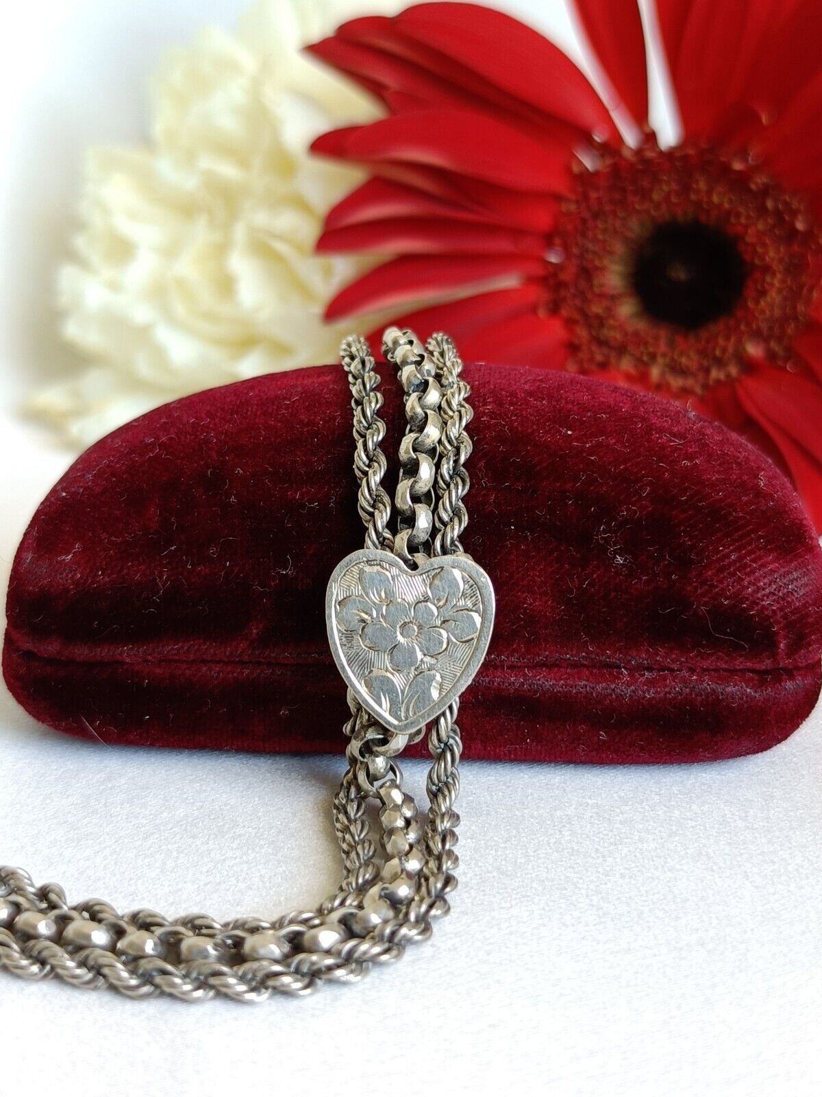 Antique Sterling Silver Albertina Watch Chain Bracelet With Heart Slider 19cm