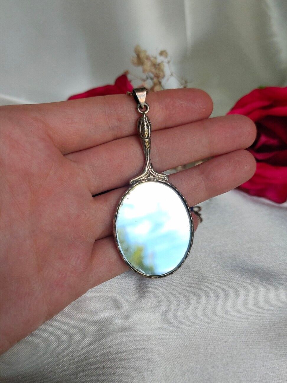 Antique Sterling Silver Chatelaine Hand mirror Pendant & Chain