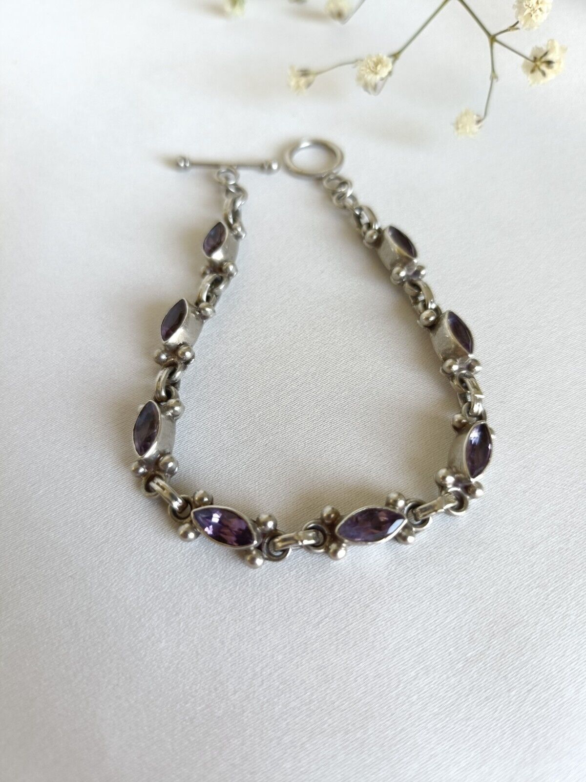 Vintage 925 Sterling Silver & Amethyst Toggle Bracelet 19cm