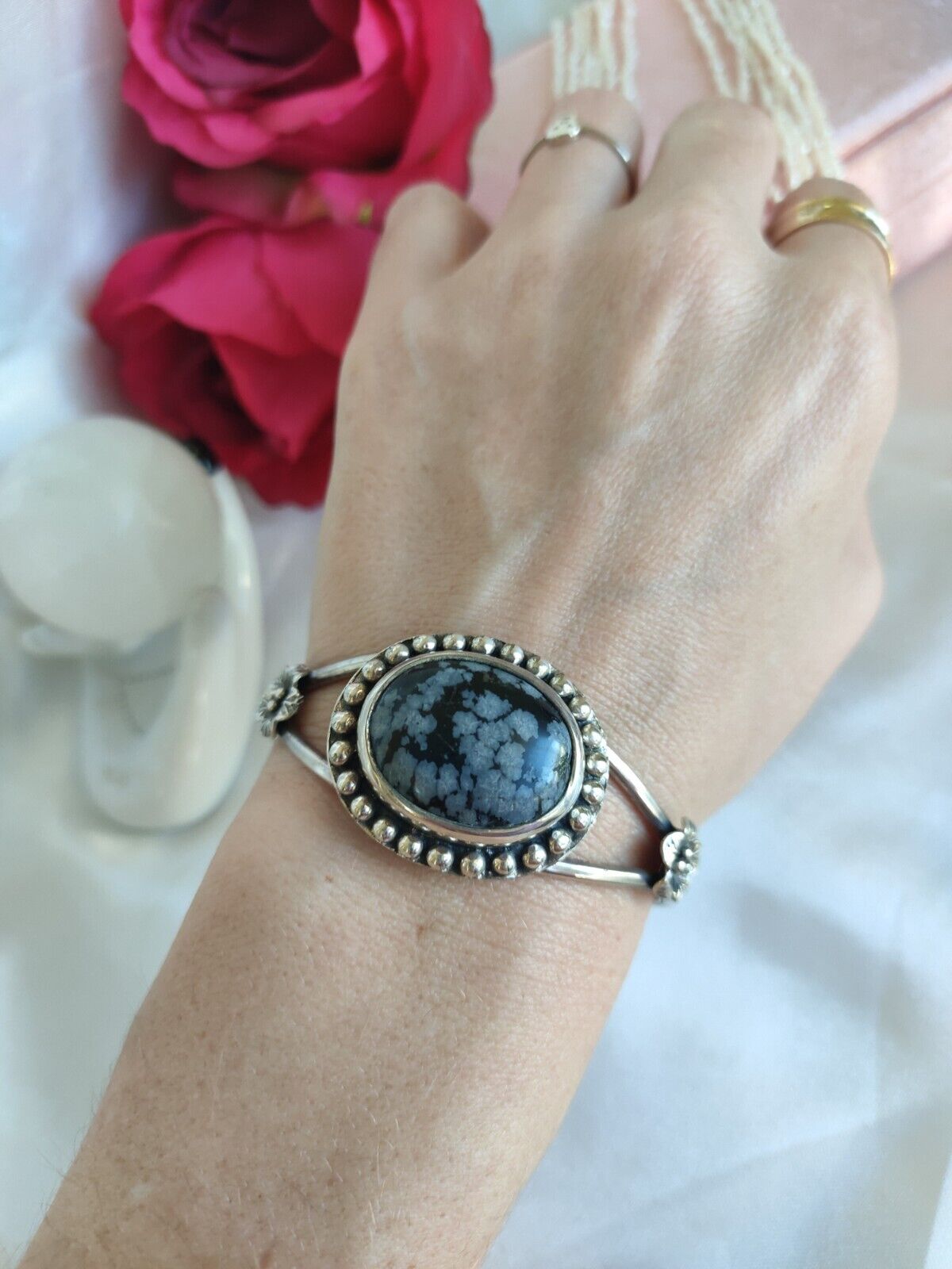 Beautiful Heavy Sterling Silver & Snowflake Obsidian Cuff Bangle Bracelet