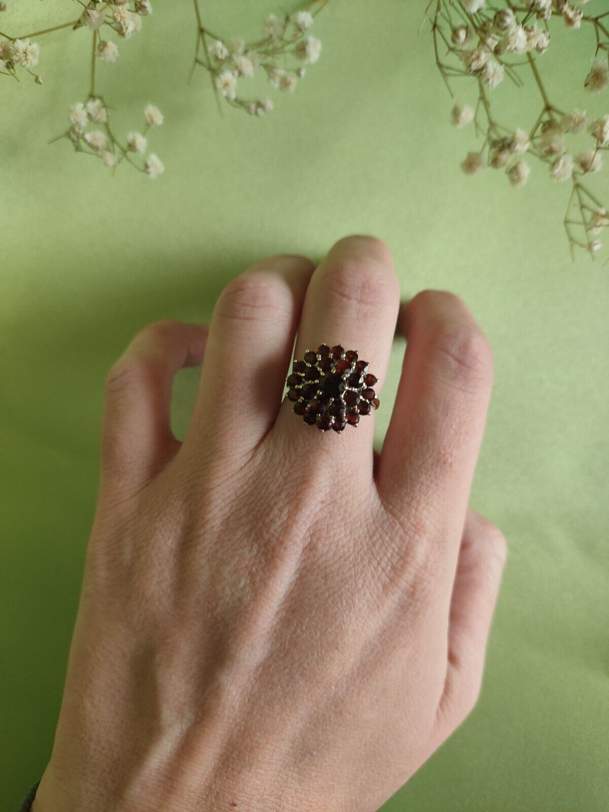 Vintage 1990 9ct Yellow Gold Almandine Garnet Bohemian Cluster Ring Size 7 1/4