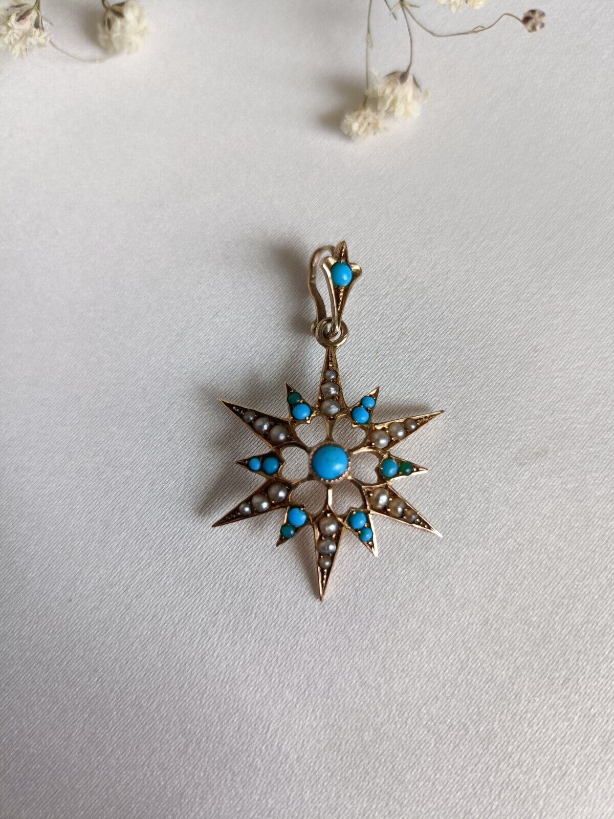 Antique Victorian 9ct Gold Turquoise & Seed Pearl Starburst Pendant