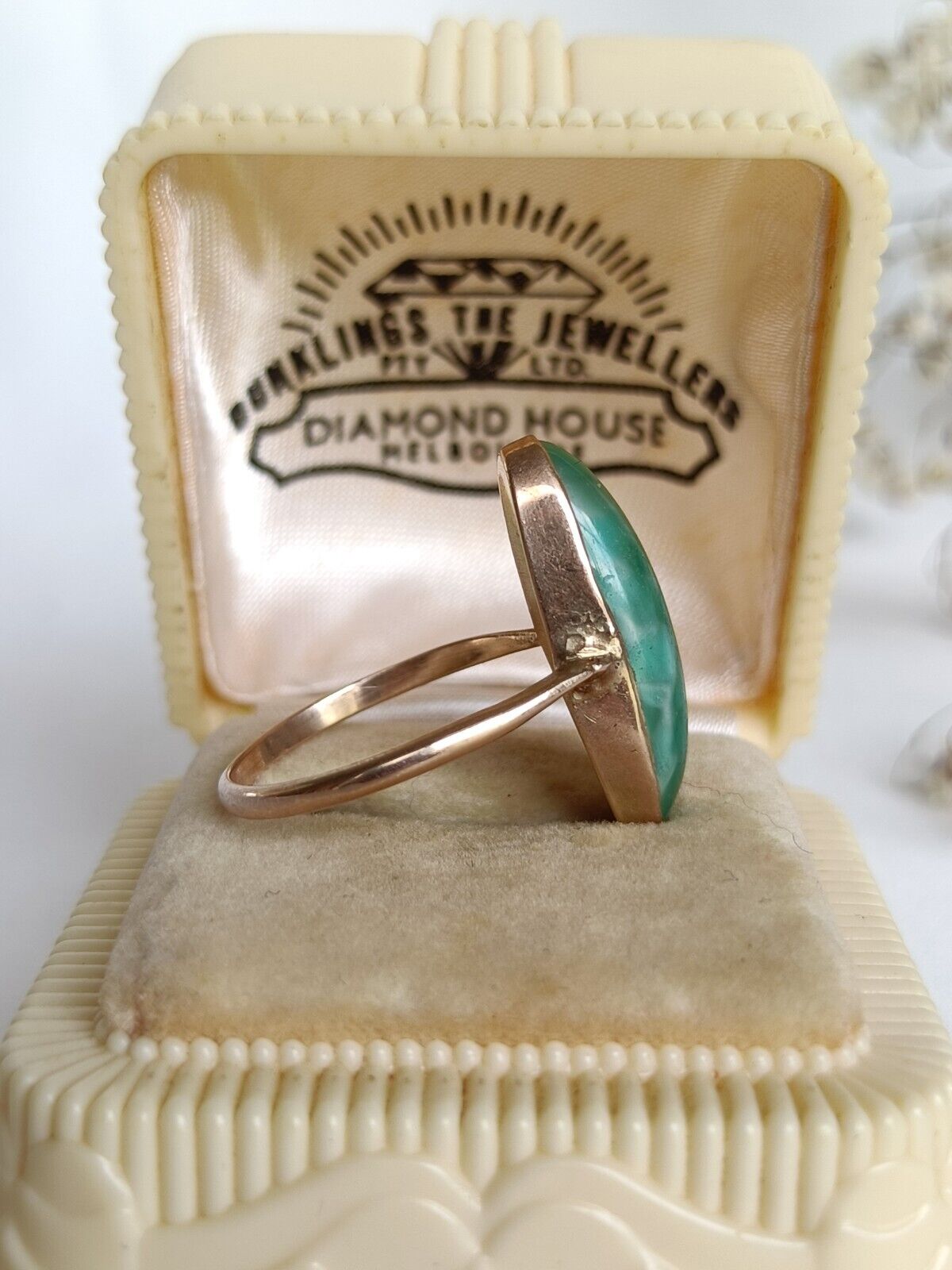 Antique Australian 9ct Gold & Amazonite Navette Ring By William Drummond & Co