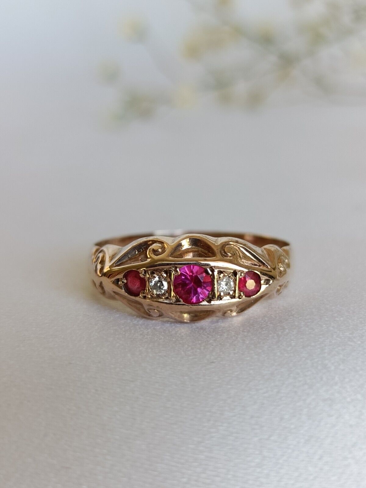 Antique Edwardian Chester 1910c Ruby & Diamond Gypsy Boat Ring Size 8 US Or P UK