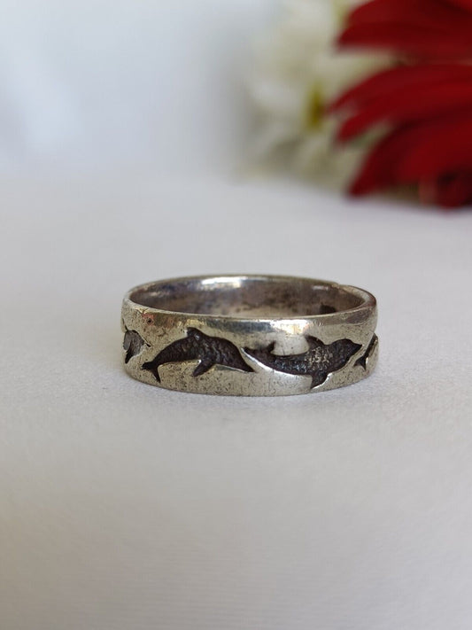 Vintage 925 Sterling Silver Dolphin Pattern Wide Band Ring Size 9 1/2 US Or S UK