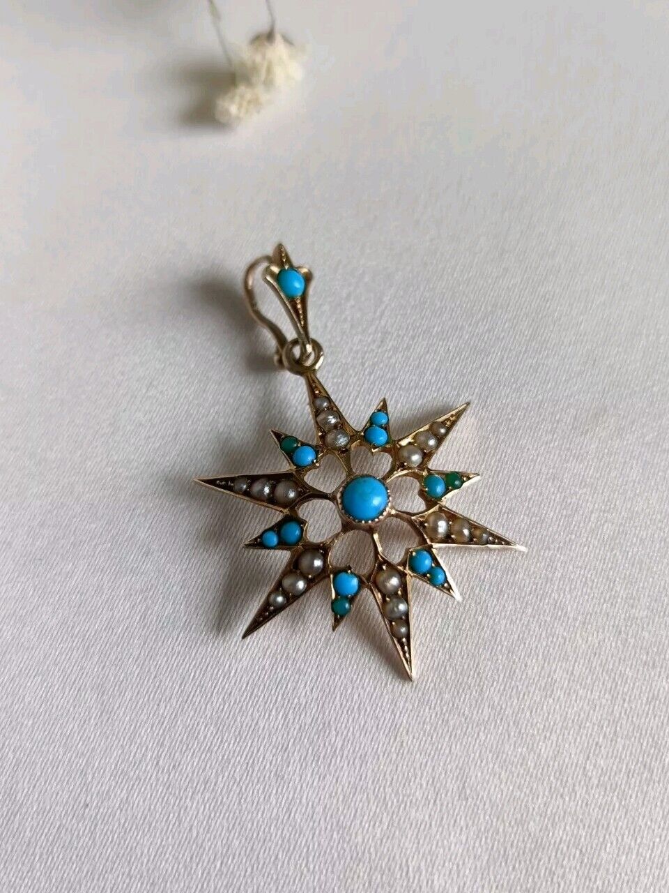 Antique Victorian 9ct Gold Turquoise & Seed Pearl Starburst Pendant