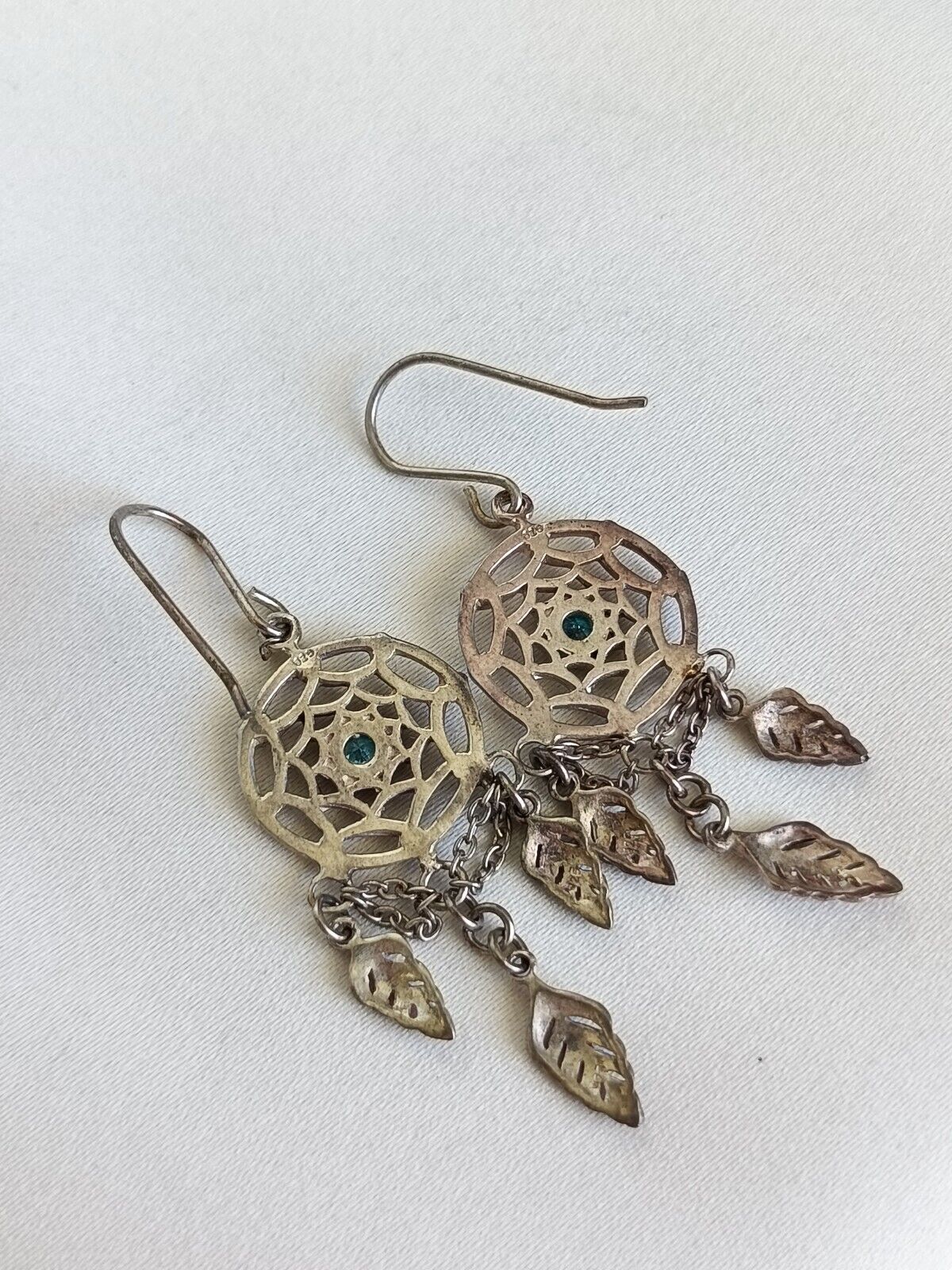 Pretty 925 Sterling Silver & Blue Stone Articulated Dream Catcher Earrings