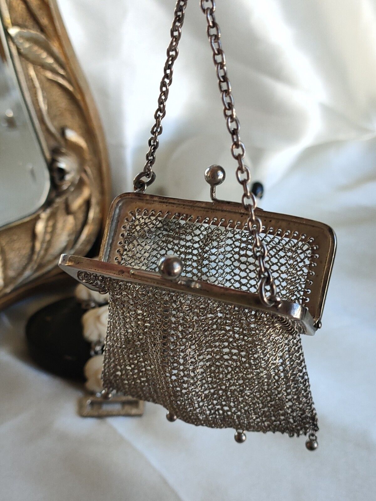 Antique 1917 Chester Chatelaine Chain Mesh Coin Purse Fob