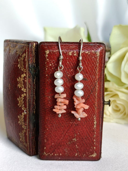 Vintage Sterling Silver Coral & Pearl Dangle Drop Hook Earrings