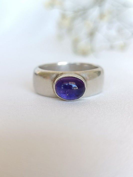 Chunky Vintage 925 Sterling Silver Bezel Set Amethyst Ring Size 7 US Or N UK