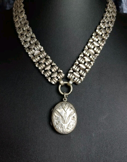 Antique 1881c Sterling Silver Locket & Book Chain Necklace