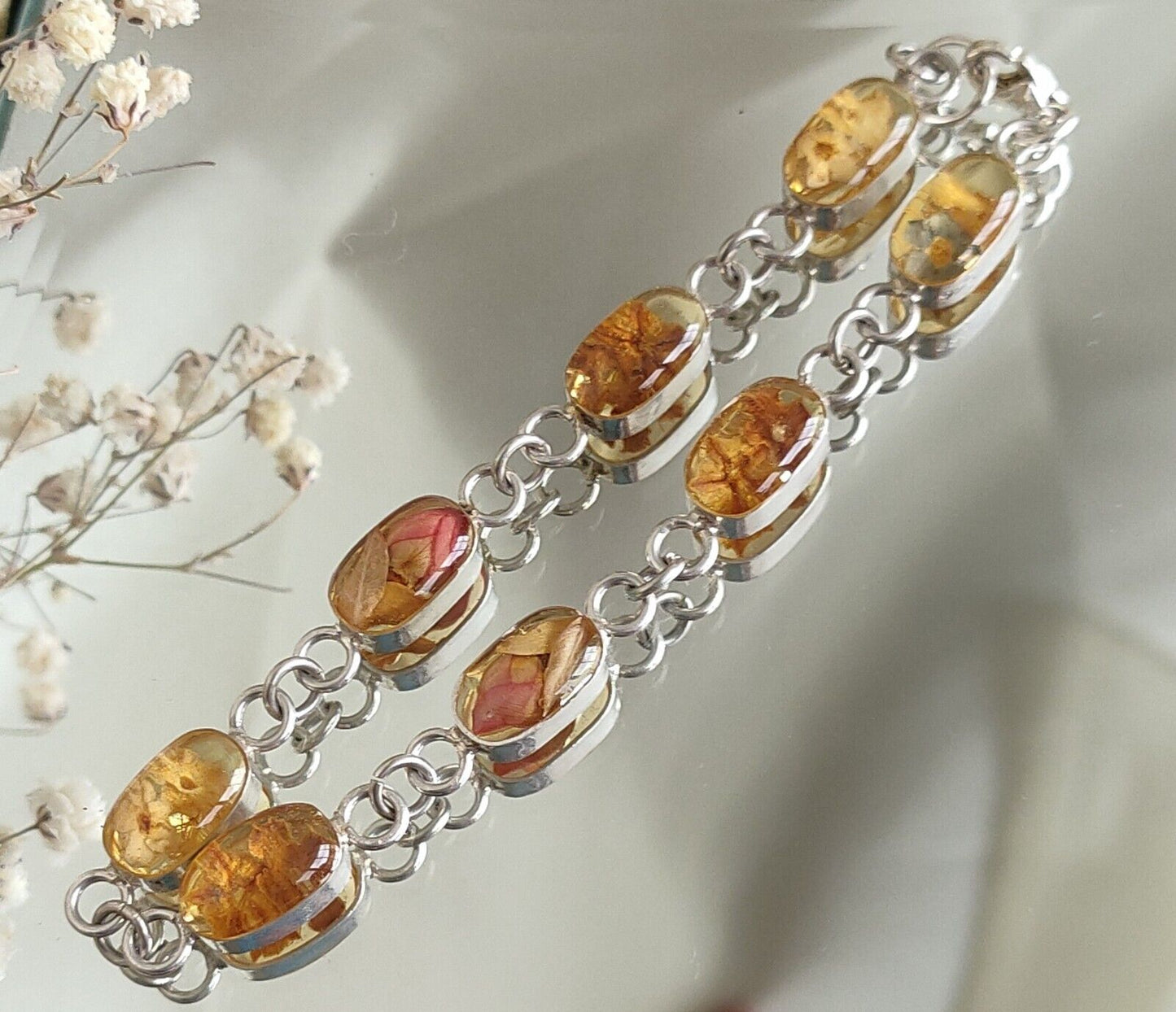 Artisan  925 Sterling Silver Dried Flower Resin Bracelet 20cm