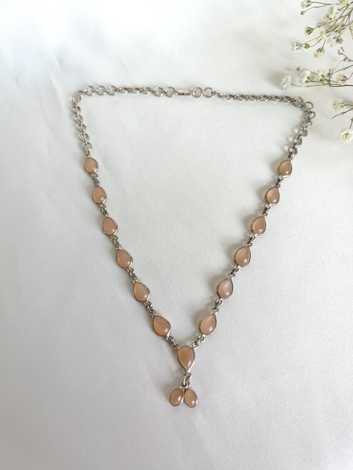 Vintage 925 Sterling Silver & Peach Moonstone Necklace 43cm